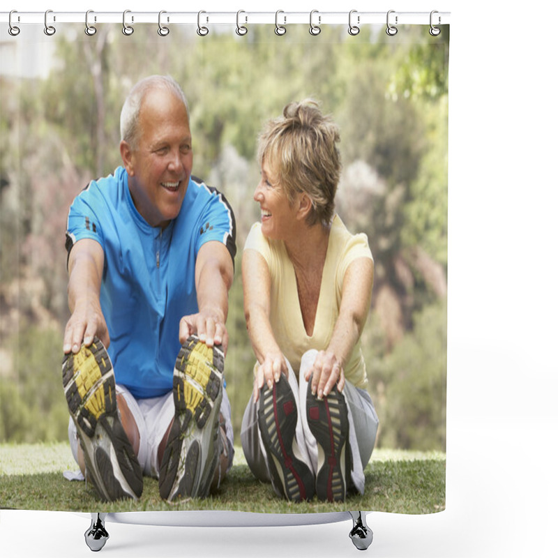 Personality  Senior Couple Exercising In Park Shower Curtains