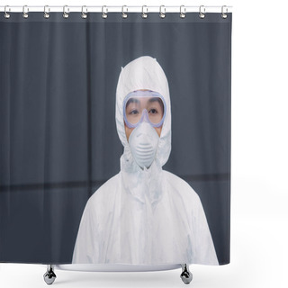 Personality  Asian Epidemiologist In Hazmat Suit And Respirator Mask Looking Away While Standing Near Wall Of Building Shower Curtains