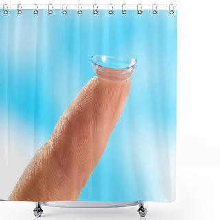 Personality  Contact Lens On Finger Tip  Blue Background Shower Curtains