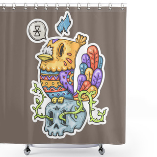 Personality  Cartoon Bird With Tribal Ornament Sitting On A Skull. Shower Curtains