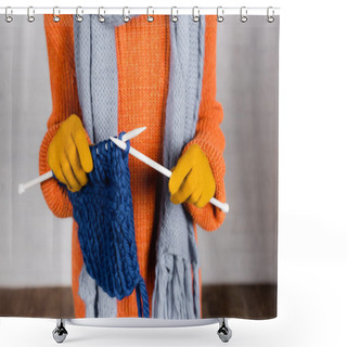 Personality  Cropped View Of Woman In Warm Sweater And Gloves Knitting With Wool Thread Shower Curtains
