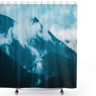 Personality  Photo Depicting Beautiful A Foggy Mystic Mountains. Fog Clouds At The Pine Tree Mystical Woods, Morning. Europe, Mysterious Alps Landscape. Shower Curtains