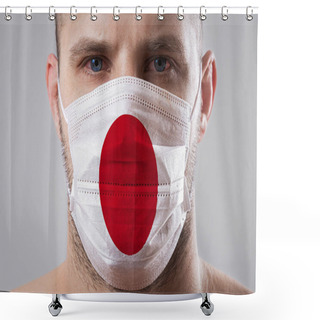 Personality  Young Man With Sore Eyes In A Medical Mask Painted In The Colors Of The National Flag Of Japan. Medical Protection Against Airborne Diseases, Coronavirus. Man Is Afraid Of Getting The Flu Shower Curtains