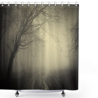 Personality  Road Trough A Dark Mysterious Forest With Fog Shower Curtains