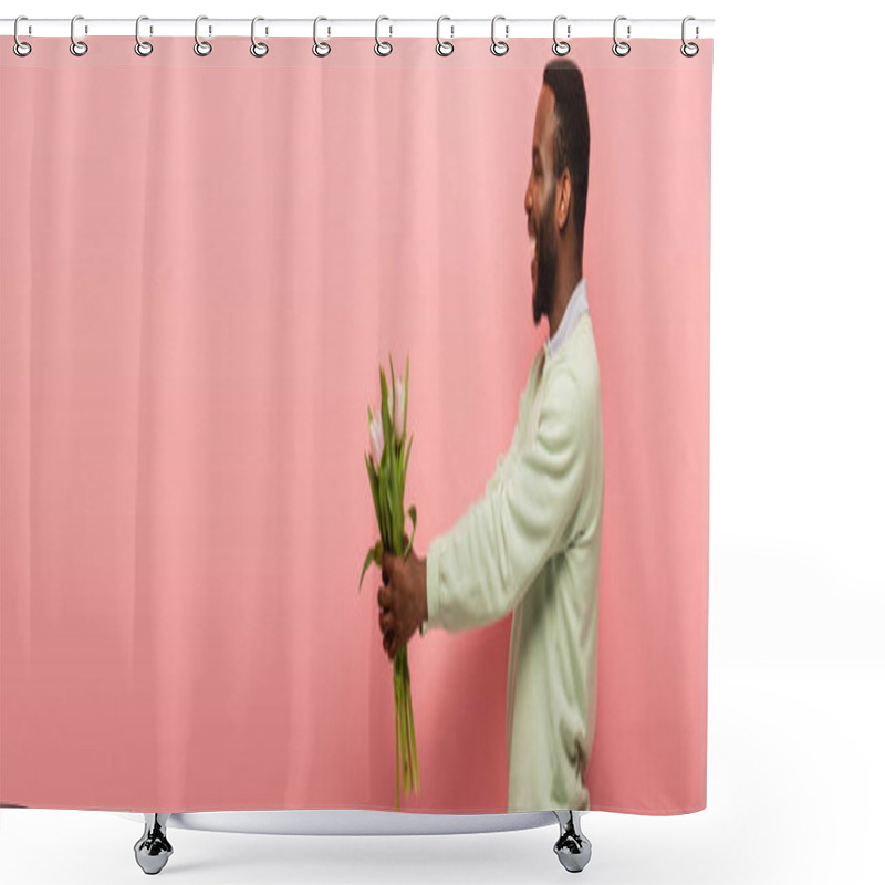 Personality  Cheerful African American Man Holding Fresh Tulips In Outstretched Hands On Pink Background, Banner Shower Curtains