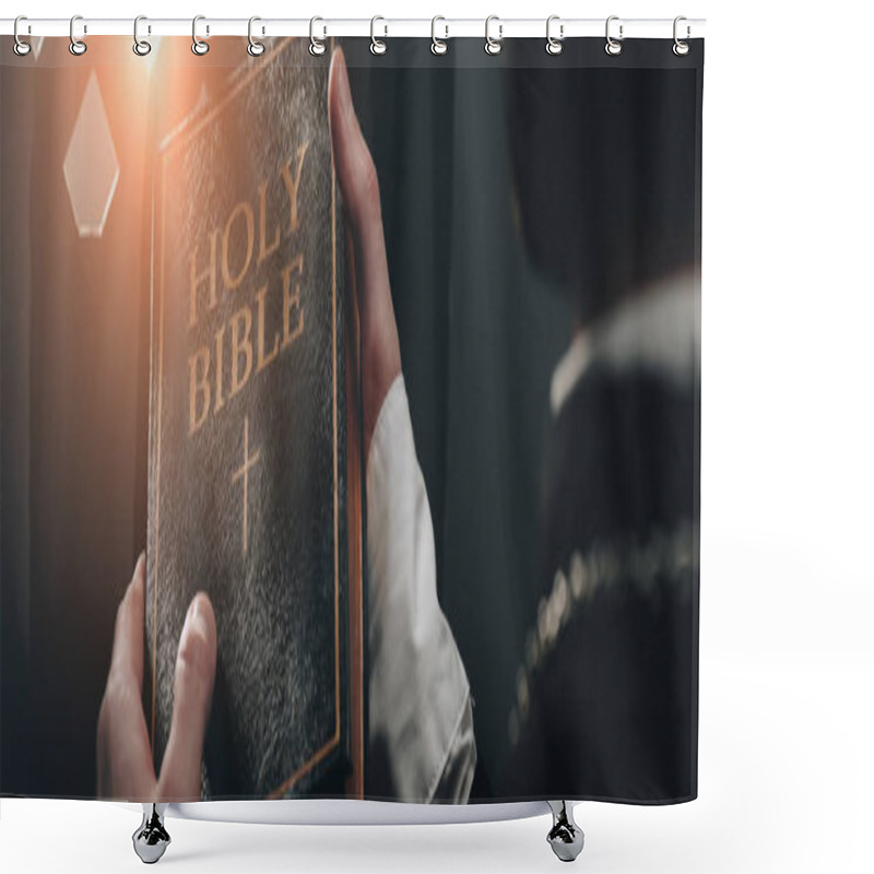Personality  Partial View Of Catholic Priest Holding Holy Bible Near Confessional Grille In Dark With Rays Of Light, Panoramic Shot Shower Curtains