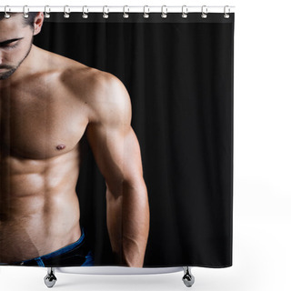 Personality  Beautiful And Muscular Man In Dark Background.  Shower Curtains