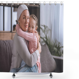 Personality  Sick Mature Woman In Kerchief Hugging Cute Little Granddaughter, Cancer Concept Shower Curtains