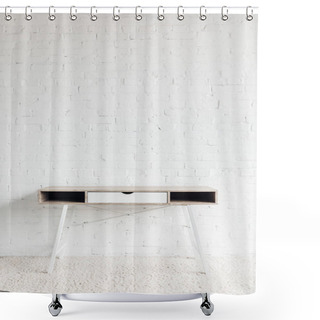 Personality  Empty Work Table In Front Of White Brick Wall, Mockup Concept Shower Curtains