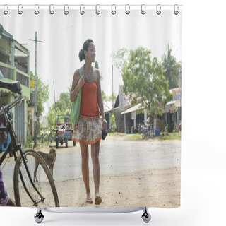 Personality  Woman Walking On Rural Road Shower Curtains