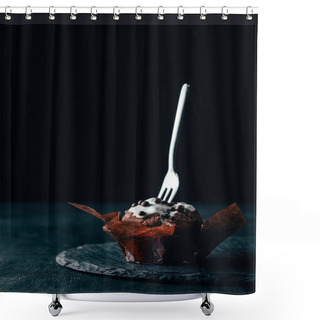 Personality  Sweet Chocolate Muffin With Silver Fork On Dark Background Shower Curtains
