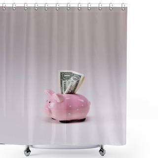 Personality  Close Up View Of Pink Piggy Bank With Dollar Banknotes Isolated On Lilac Shower Curtains