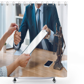 Personality  Cropped Shot Of Lawyer Giving Clipboard And Pen To Young Woman In Office Shower Curtains