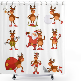 Personality  Christmas Deer And Santa Cartoon Characters Shower Curtains