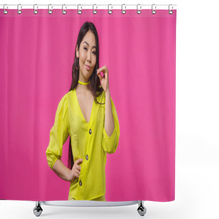 Personality  Pretty Asian Woman Showing Blah Blah Gesture Isolated On Pink  Shower Curtains