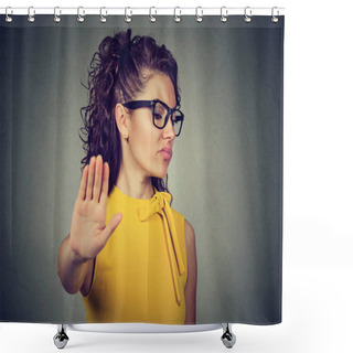 Personality  Angry Woman With Bad Attitude Giving Talk To Hand Gesture  Shower Curtains