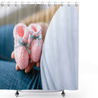 Personality  Future Mother Knows A Sex Of Her Baby. Pregnancy Concept. Pregnant Woman Holding Pink Knitted Baby Bootees At A Stomach With Selective Focus. Shower Curtains