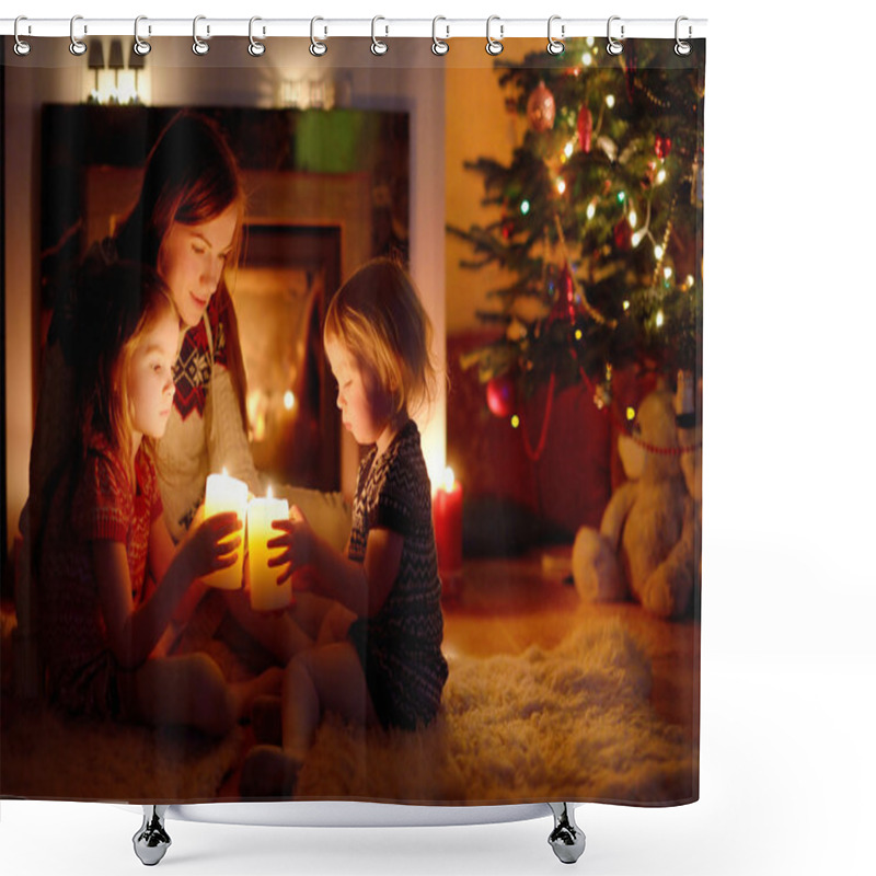 Personality  Mother and daughters near fireplace shower curtains