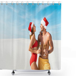 Personality  Sexy Girlfriend And Boyfriend Holding Champagne Glasses And Hugging On Beach In Maldives  Shower Curtains