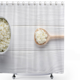 Personality  Top View Of Fresh Healthy Cottage Cheese In Bowl And Wooden Spoon On Table  Shower Curtains