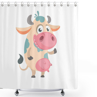 Personality  Cartoon Cute White Spotted Cow Standing And Smiling. Vector Illustration Of A Cow Icon Mascot Isolated On White. Great For Print, Banner Or Children Book Shower Curtains