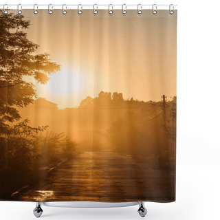 Personality  Beautiful Orange Sunrise Above Trees And Road Shower Curtains