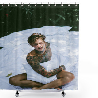Personality  A Young Handsome Tattooed Man In The Morning In Bed Tosses Up The Pillows. Bed In The Garden Shower Curtains