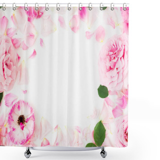 Personality  Floral Frame With Roses Flowers And Anemones On White Background. Flat Lay, Top View. Pastel Flowers Shower Curtains