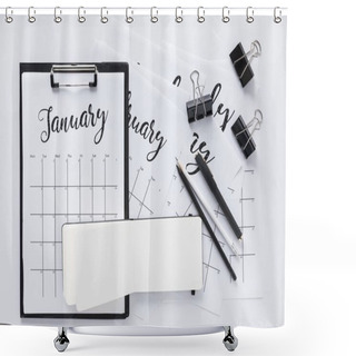 Personality  Top View Of Arrangement Of Office Supplies And Calendar Isolated On White Shower Curtains
