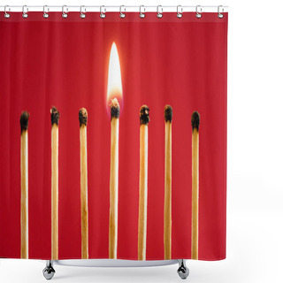 Personality  Match With Fire Among Burned Matches On Red Background Shower Curtains