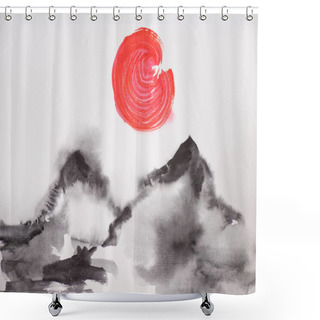 Personality  Japanese Painting With Sun And Hills On White Background Shower Curtains