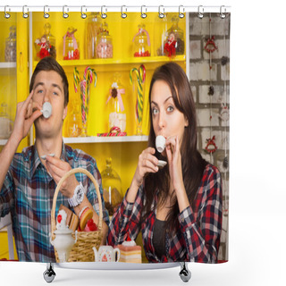 Personality  Couple Sipping A Drink From Small Cups At The Cafe Shower Curtains