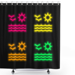 Personality  Beach View Of Sea Sun And Seagulls Couple Four Color Glowing Neon Vector Icon Shower Curtains