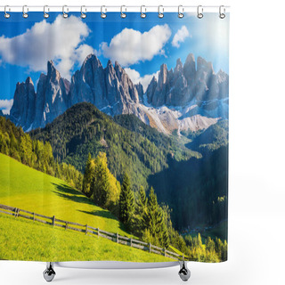 Personality  The Bright Morning Sun Illuminates Rural Picturesque Farm And Green Alpine Valley In The Dolomites. The Concept Of Eco-tourism In Alpine Meadows Shower Curtains