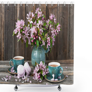 Personality  Romantic Composition With Tea Cup, Zephyr And Apple Flowers   Shower Curtains
