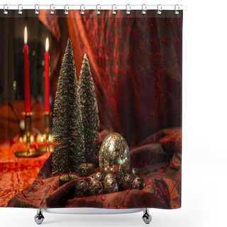 Personality  Decoration For Christmas With Different Festive Elements In Red  Shower Curtains