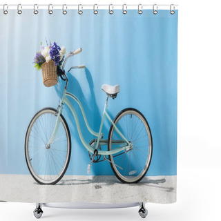 Personality  Side View Of Bicycle With Flowers In Basket In Front Of Blue Wall Shower Curtains