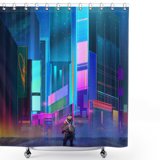 Personality  Drawn Cityscape From Skyscrapers. Cyberpunk Street With Man Shower Curtains