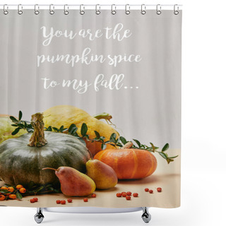 Personality  Autumnal Decoration With Pumpkins, Firethorn Berries And Ripe Yummy Pears On Tabletop With YOU ARE PUMPKIN SPICE TO MY FALL Lettering Shower Curtains
