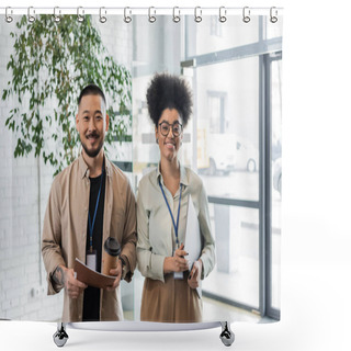 Personality  Professional Headshots, Two Diverse Office Workers Holding Laptop, Folder And Coffee To Go In Office Shower Curtains
