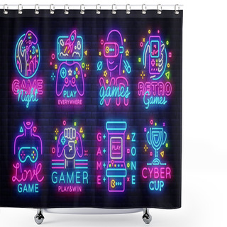 Personality  Big Collection Video Games Logos Vector Conceptual Neon Signs. Video Games Emblems Design Template, Modern Trend Design, Bright Vector Illustration, Promotional Games, Light Banner. Vector Shower Curtains