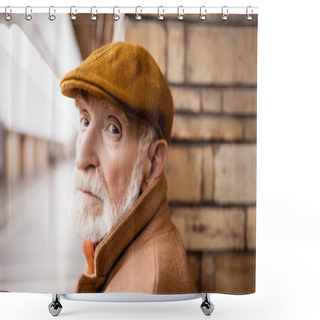 Personality  Aged Man In Autumn Cap Looking At Camera On Metro Platform Shower Curtains