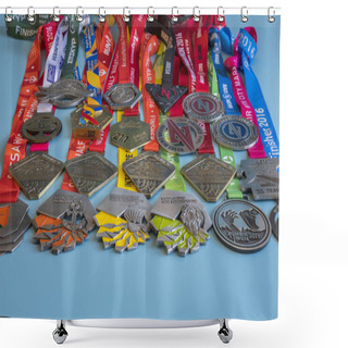 Personality  Kiev, Ukraine. September 2 2018 Many Different Sports Medals On A Blue Background. Medals For Half Marathon, Marathon And Other Distances. Shower Curtains