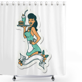 Personality  Sticker Of Tattoo In Traditional Style Of A Pinup Waitress Girl With Banner Shower Curtains