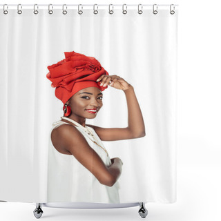 Personality  Attractive African American Woman In Wire Head Wrap Isolated On White Shower Curtains
