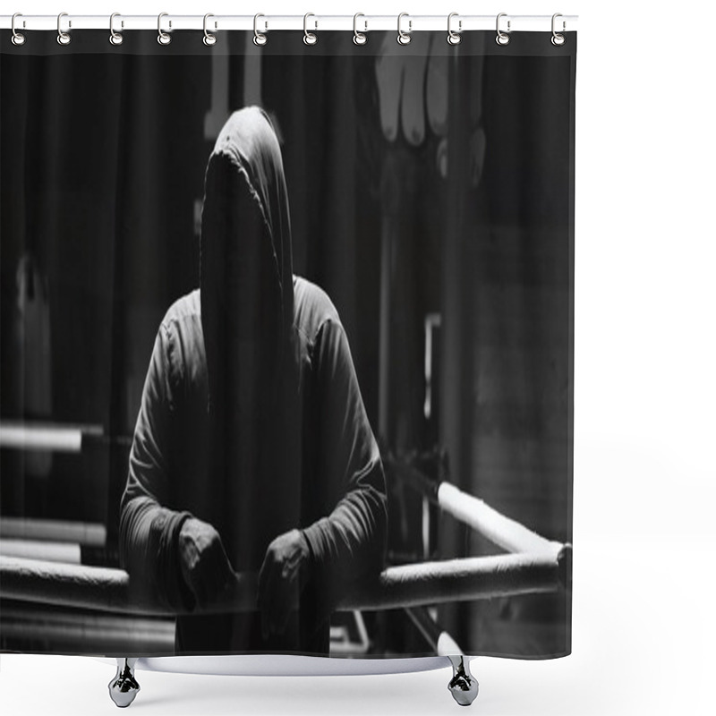 Personality  Silhouette Of A Strong Fighter. Confident Young Fitness Man With Shower Curtains