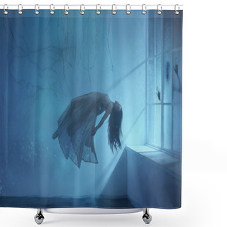 Personality  A Ghost Girl With Long Hair In A Vintage Dress. Room Under Water. A Photograph Of Levitation Resembling A Dream. A Dark Gothic Interior With Branches And A Huge Window Of Flooded Light. Art Photo Shower Curtains