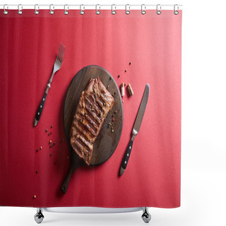 Personality  Top View Of Tasty Grilled Steak Served On Wooden Board On Red Background With Pepper And Cutlery Shower Curtains