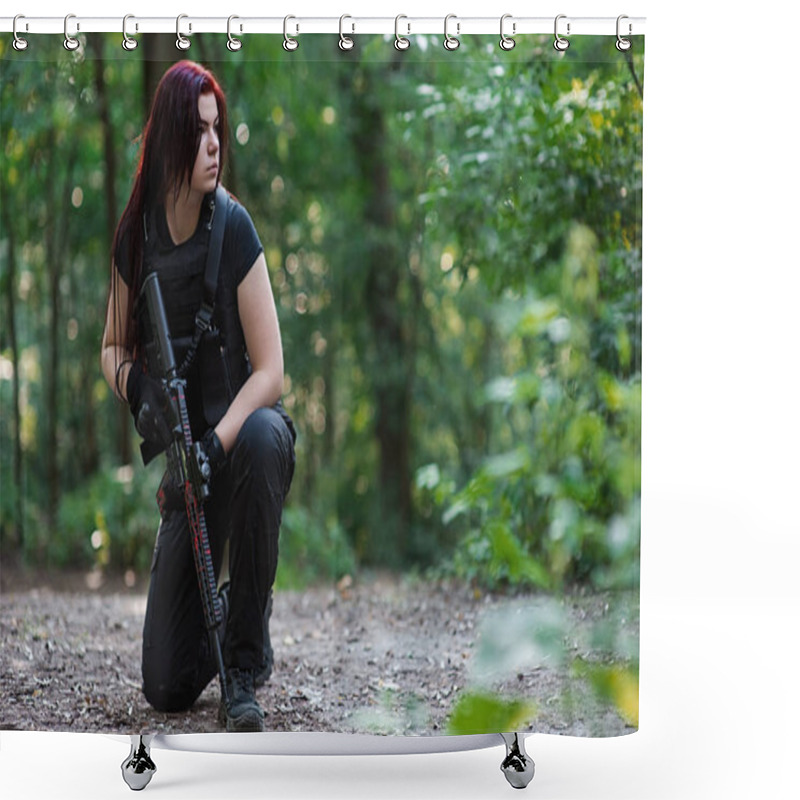 Personality  Girl With Red Hair And Rifle In Her Hands In Forest.Selective Focus Shower Curtains