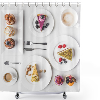 Personality  Top View Of Arrangement Of Pieces Of Various Cakes On Plates, Cups Of Coffee And Cupcakes Isolated On White Shower Curtains